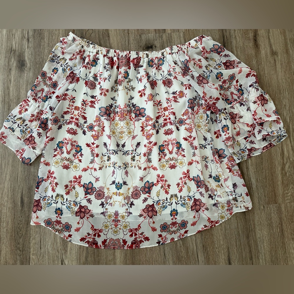 ALYX FLORAL 2X DOUBLE LAYER BLOUSE OFF SHOULDER 3/4 SLEEVES